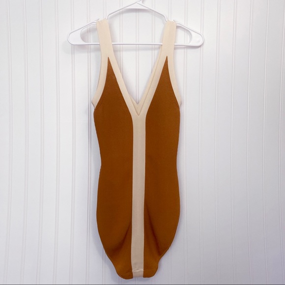 SANDRO Paris Nate Two-Toned Contrast-Trim Knitted Bodysuit In Ocre NWT - Picture 11 of 13